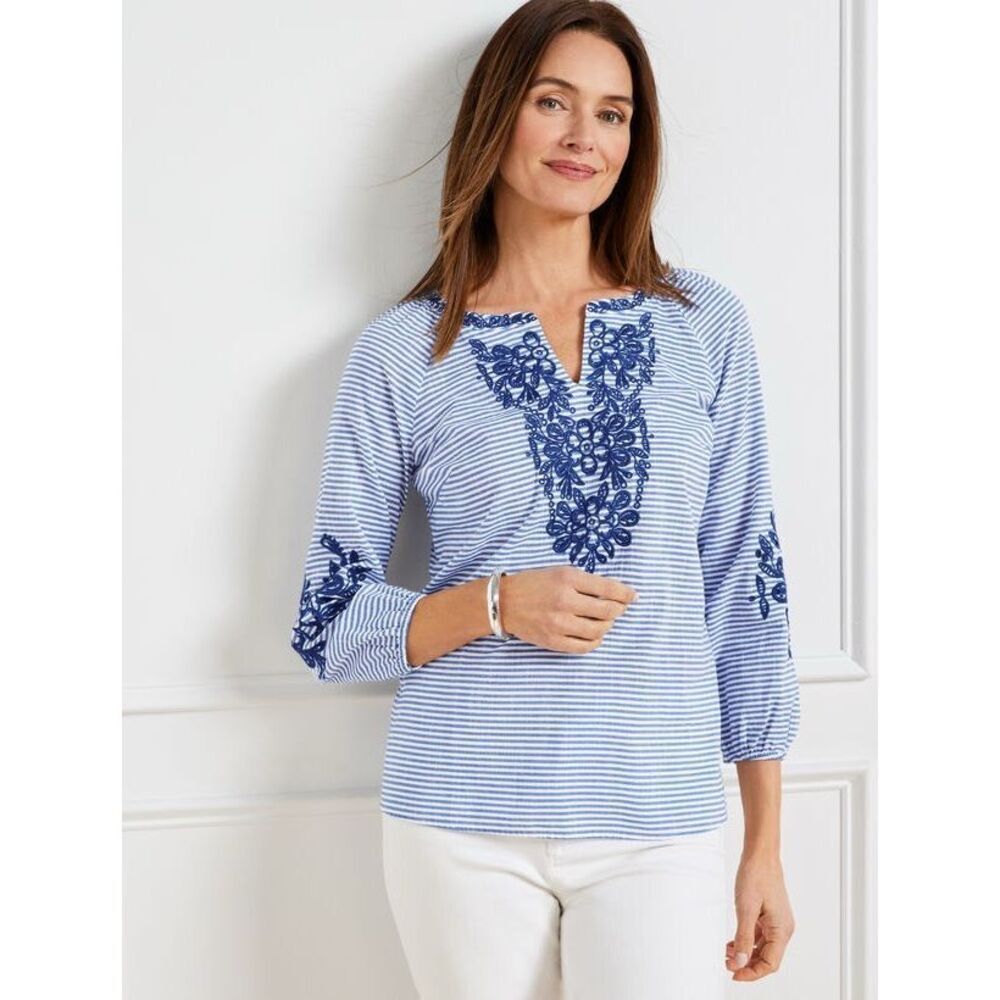 Talbots Embroidered Harbor Stripe 3/4 Sleeve Top Blue & White Medium #771